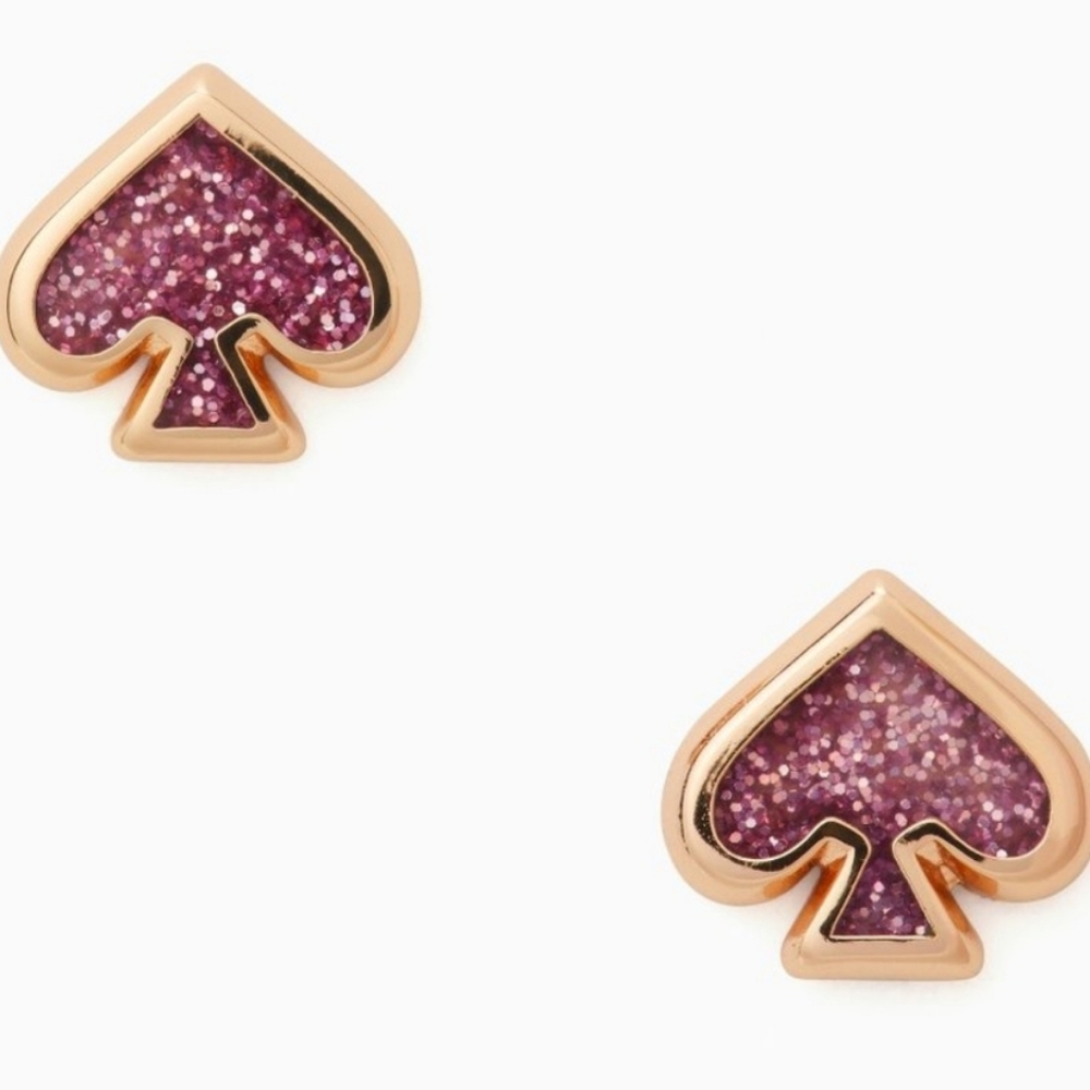 Kate Spade Gold Pink Purple Glitter Enamel Logo Stud Earrings - Picture 2 of 8